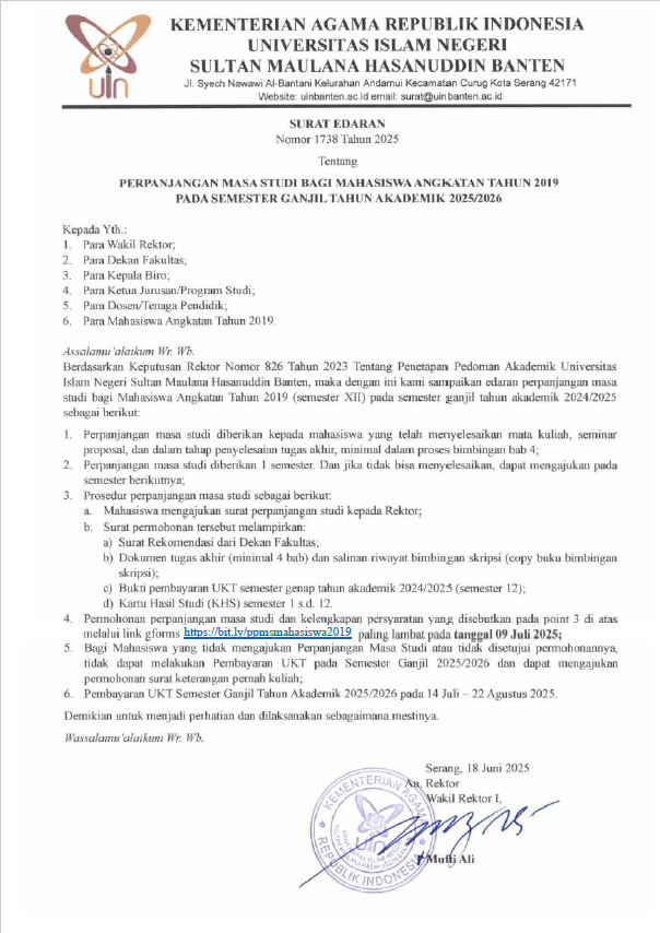 Edaran Perpanjangan Masa Studi Mahasiswa 2019